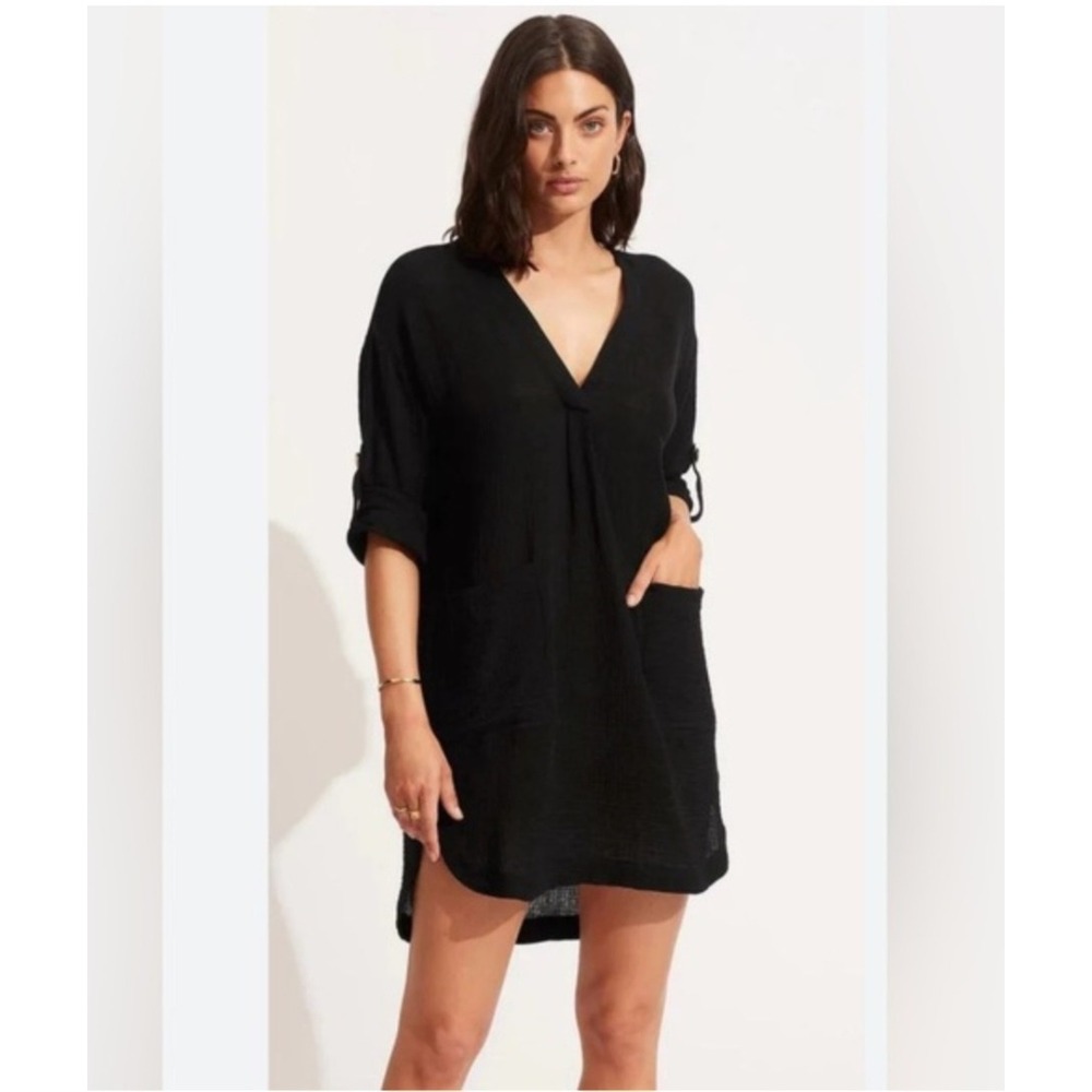Seafolly Australia Essential Beach Cover Up Black Gauze V-Neck Tunic Large‎